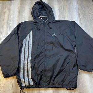 VINTAGE Adidas Windbreaker Mens XL Black Gray Hooded Full Zip Jacket Men 00's